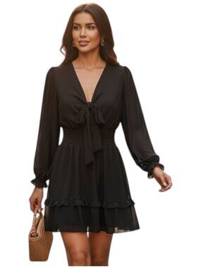 Black Tie-Front Ruffle Mini Dress Chiffon Long Sleeve S